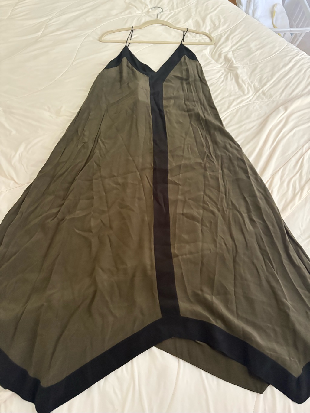 Massimo Dutti Olive Slip Dress With Black Trim